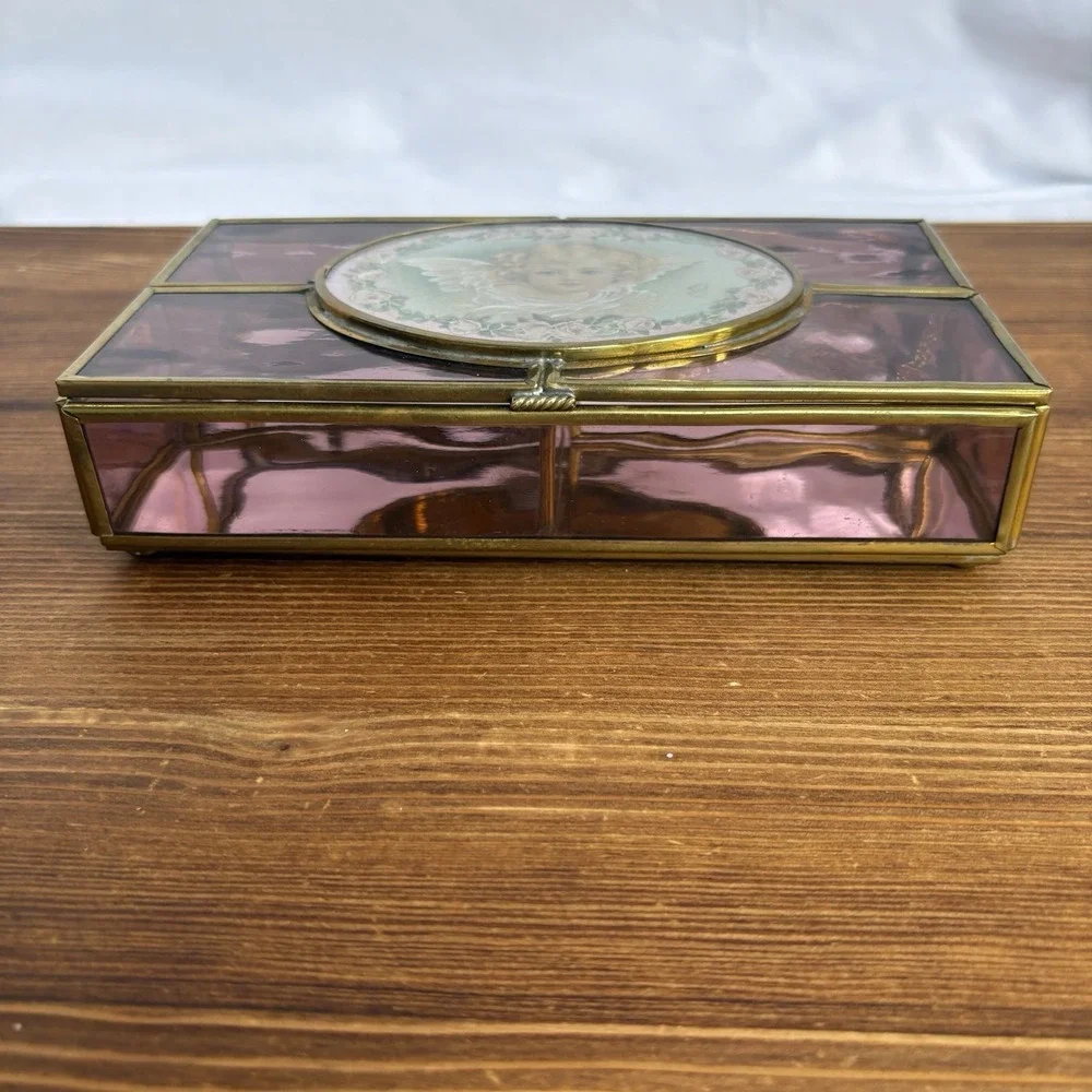 Enesco Amethyst Pink Stained Glass Jewelry Box Cherub Angel Roses Trinket Box